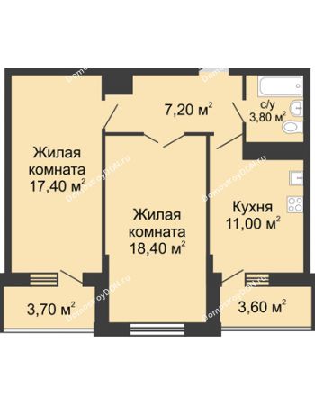 2 комнатная квартира 61,9 м² в ЖК Первый, дом Литер 2