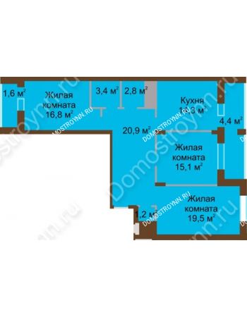3 комнатная квартира 100 м² в ЖК Монолит, дом № 89, корп. 1, 2